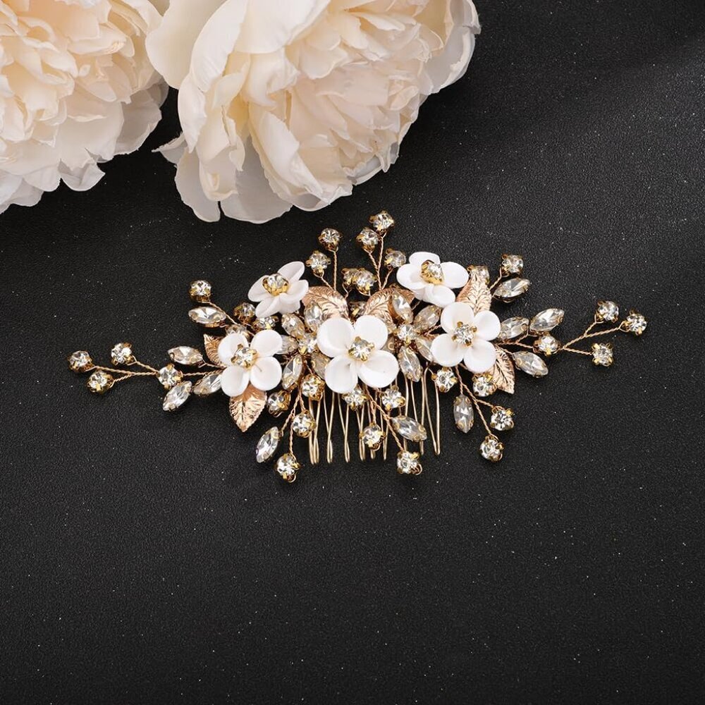 Flower Leaf Wedding Hair Comb Gold Silver Bridal Crystal Hair Accessory